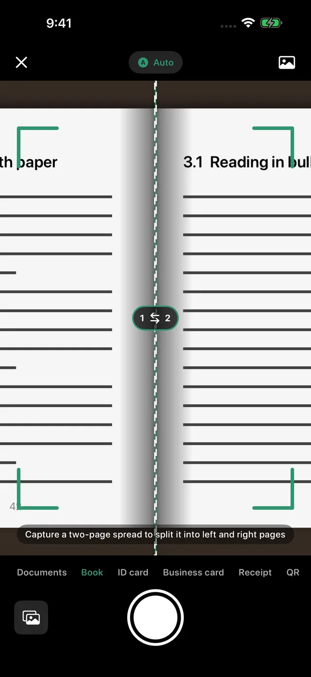 Scanning a book spread, with a line that splits the left and right pages