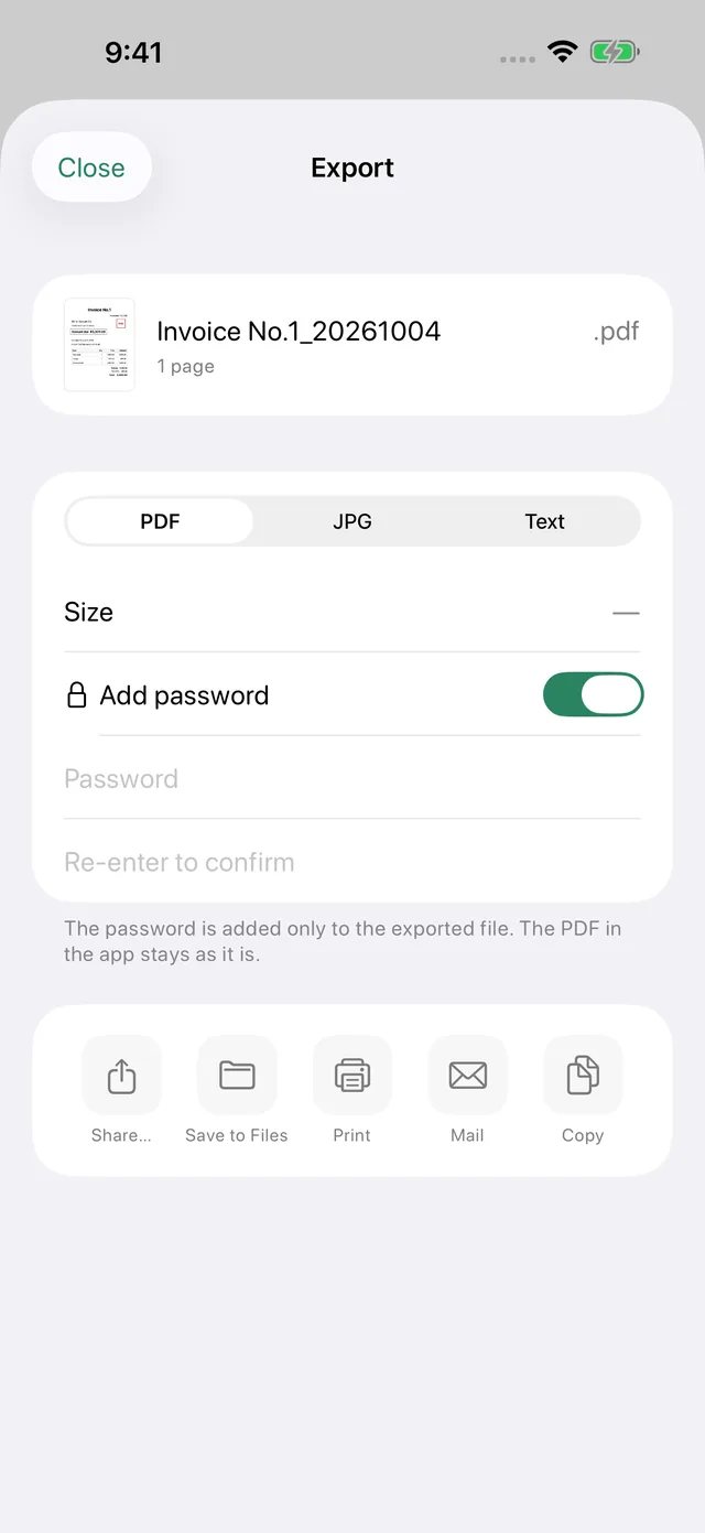 Export options for PDF, JPG and text, with a password